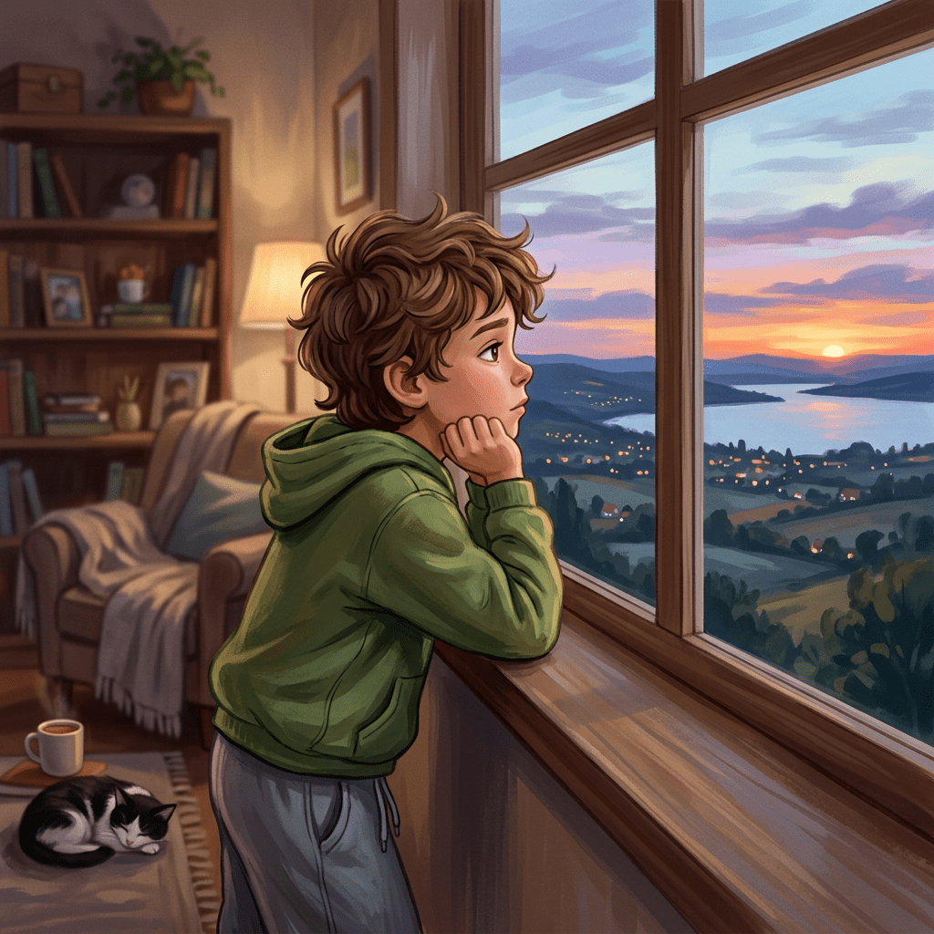 Boy in green hoodie looking out window at sunset over hills and lake