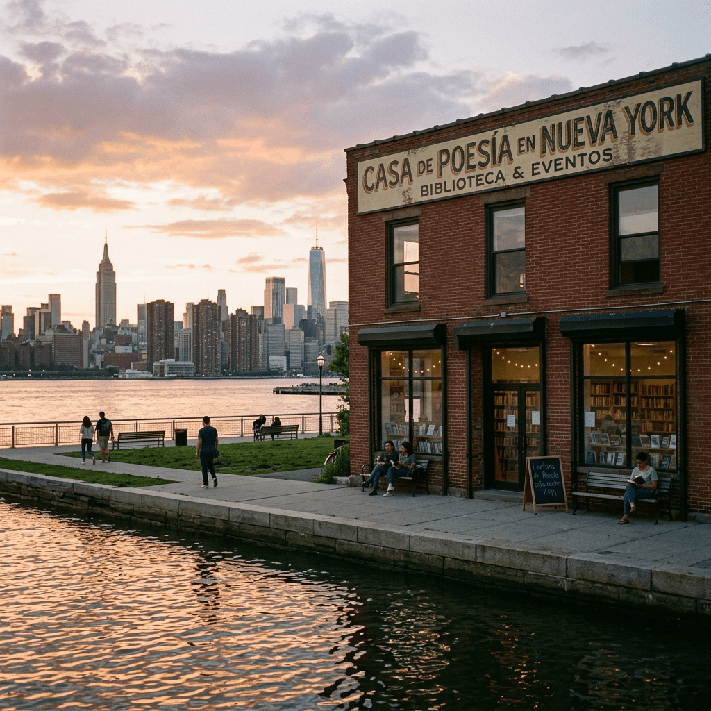 Poetry library building with sign Casa de Poesía en Nueva York by waterfront at sunset