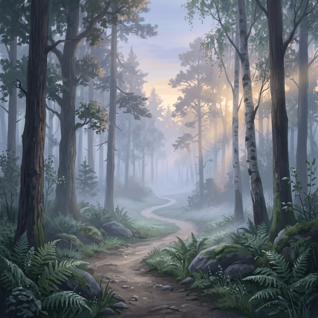Winding dirt path through a misty forest with tall trees and ferns