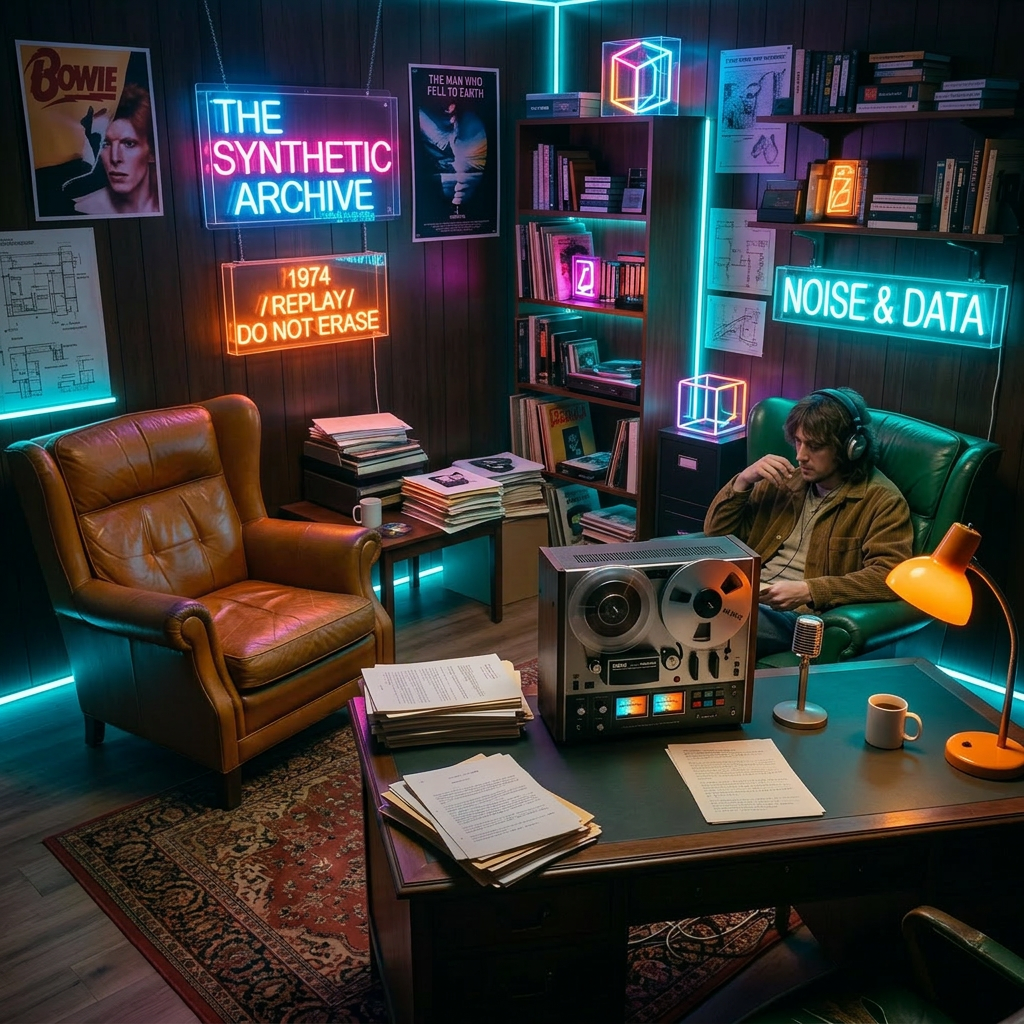 A man seated in a green chair wearing headphones in a room with vintage reel-to-reel tape recorder, stacks of papers, records, and neon signs reading 'THE SYNTHETIC ARCHIVE' and 'NOISE & DATA'