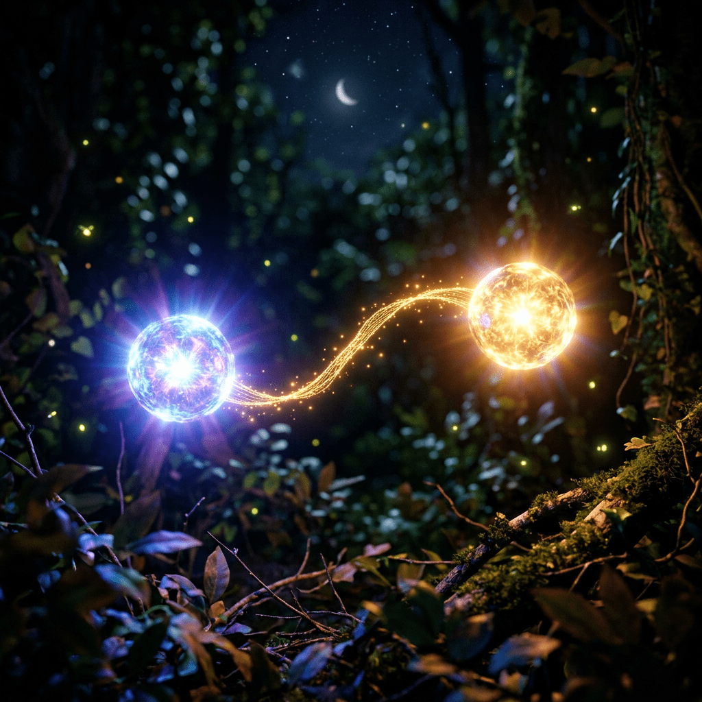 Two luminous orbs connected by a trail of golden light in a nighttime forest setting.